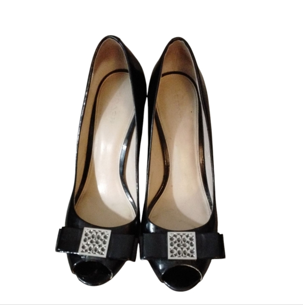 Coach Scarlet Black Patent Leather Peep Toe Bow Heel Pumps Women’s Size 9 B - Picture 2 of 14
